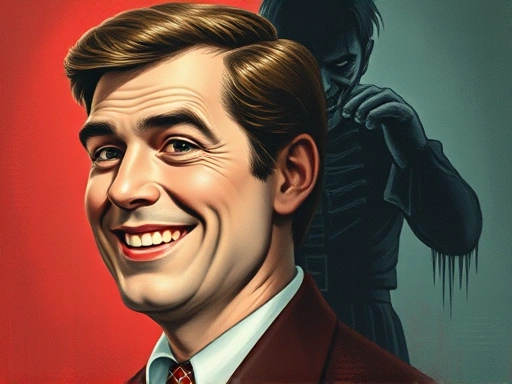 A man with a friendly, charming smile (public persona) juxtaposed with a shadowy, menacing figure (hidden nature) in a complex psychological illustration, incorporating themes of deception and duality, with keywords John Wayne Gacy, dual personality, psychological.