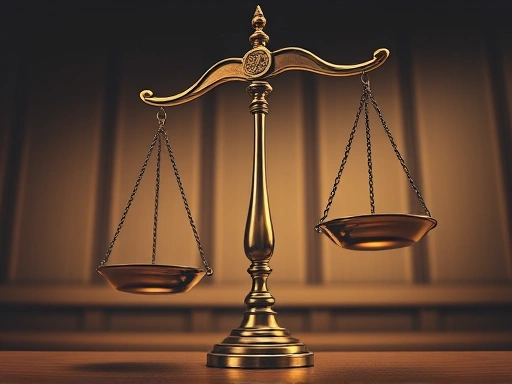 A detailed, realistic illustration of the scales of justice with one side visibly tilting due to an abstract representation of bias, symbolizing the impact of juror bias on fair verdicts, with a neutral courtroom background. Keywords: justice, bias, verdict, fair trial, scales.