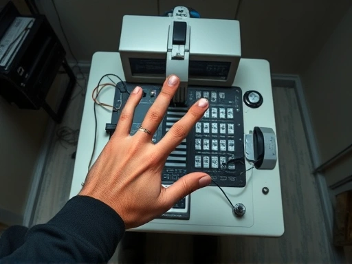 A high-angle shot of a polygraph machine with wires connected to a person's fingers, arm, and chest, in a modern, neutral investigation room, emphasizing the technical aspect of lie detection, with neutral, calm lighting.