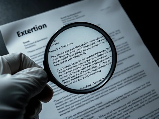 A close-up shot of a gloved hand holding a magnifying glass over specific handwriting details and paper texture on an anonymous extortion letter, emphasizing the meticulous detail of forensic analysis in criminal psychology.