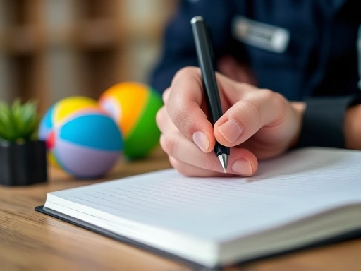 Close-up of a correctional officer's hand holding a pen, writing in a journal, with a blurred background showing a stress ball and a small plant, symbolizing personal coping mechanisms for burnout in a correctional environment.