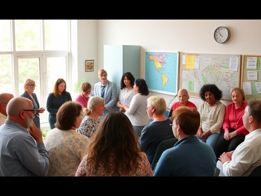 A vibrant community mental health center with diverse people engaged in support groups and activities, representing comprehensive mental health support.