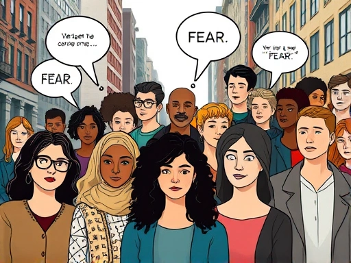 A thought-provoking image showing a diverse group of people, some with subtle symbols representing mental well-being, others struggling, emphasizing societal understanding and support rather than fear, in an urban environment with balanced, hopeful tone.