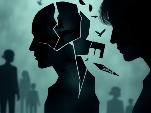 A close-up, symbolic image illustrating fragmented thoughts and lack of empathy, using abstract human silhouettes and cold, muted colors to convey the psychological traits of a serial killer. Keywords: lack of empathy, fragmented mind, dark psychology.
