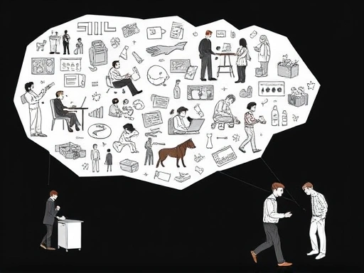 A detailed illustration showing various daily routine elements like work, social interactions, and leisure activities, with subtle conceptual lines connecting them to criminal acts, emphasizing the interconnectedness of patterns and behavior.