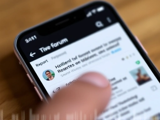 A close-up shot of a smartphone screen displaying a forum or social media feed with blurred, inappropriate content, with a concerned user's finger hovering over a 