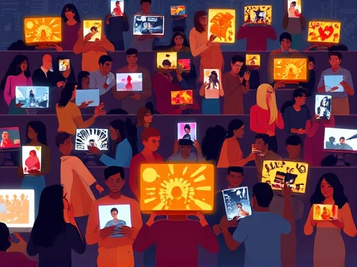 A stylized illustration of a diverse group of people interacting on various glowing digital screens, with some screens displaying chaotic or distorted content, representing online communities and the spread of problematic information and crime glorification.