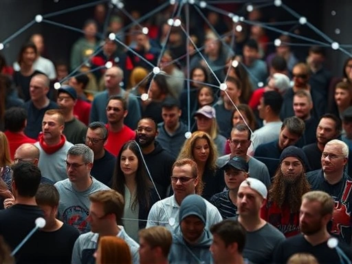 A diverse group of people digitally connected, forming a tightly knit online community with a sense of shared identity, representing the cohesion of online hate groups. Focus on abstract digital connections rather than specific hate symbols, emphasizing network and connection.