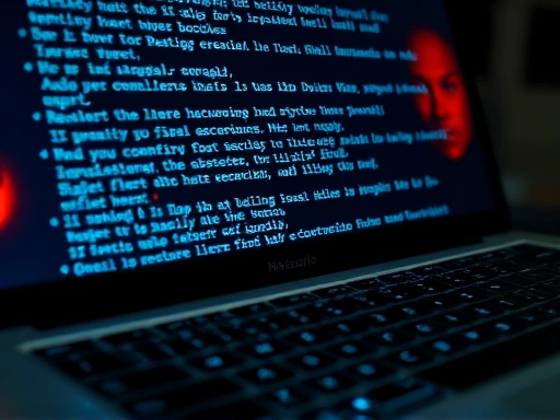 A close-up of a keyboard with distorted, hateful text on the screen, showing the propagation of online hate speech and its potential real-world influence on a diverse society. The screen glows ominously, reflecting in the user's eyes.