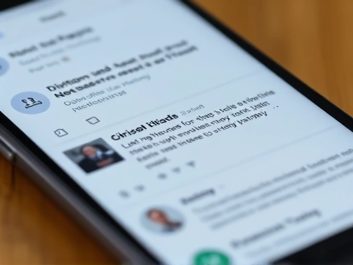 A close-up shot of a smartphone screen displaying a social media feed with various posts, some seemingly normal while others contain subtle or overt signs of divisive or extreme content. The image should highlight the role of digital platforms in content dissemination and the blurred lines between casual browsing and exposure to harmful narratives, with a focus on online interaction.