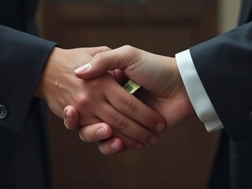A close-up shot of hands shaking, one hand receiving a small, discreet payment, symbolizing the economic incentives and loyalty that maintain the code of silence within criminal organizations. The background is slightly blurred, focusing on the clandestine exchange.