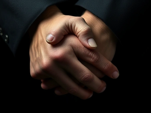 A close-up, symbolic image of two hands clasped in a firm grip, surrounded by subtle shadows, representing forced loyalty or a complex bond within a criminal organization, with no specific faces or identifying features.