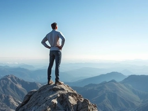 A person standing strong and resilient on a mountain top, symbolizing overcoming adversity and strengthening their inner resilience after a challenging experience, with a clear sky.