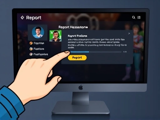 A clear, actionable image showing a user interface of a game's report function on a monitor, with a hand pointing to the report button, emphasizing the step-by-step process of reporting in-game harassment, highlighting user empowerment against online threats.