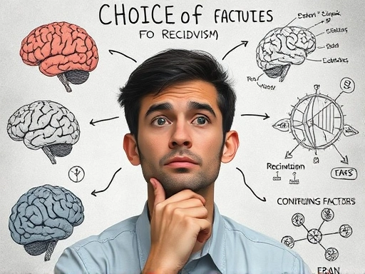 A person with a thoughtful expression, surrounded by abstract representations of brain activity and complex psychological concepts, reflecting on choices and contributing factors to recidivism.