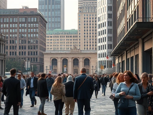 A symbolic representation of post-war society with a focus on rebuilding efforts, but with subtle hints of lingering tension or psychological impact, showing people interacting in a recovering city environment, using natural light, and incorporating keywords like post-war, society, healing, violence, normalization.