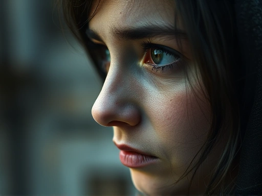 A close-up, contemplative image focusing on the psychological aspects of post-war trauma and normalization of violence, perhaps showing a person with a thoughtful or distant gaze, with blurred background elements suggesting a recovering community, emphasizing emotions and the internal struggle with concepts like normalization, healing, and peace.