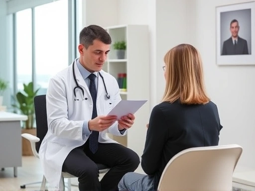 A professional psychiatrist calmly explaining concepts to a person in a modern, clean office setting, emphasizing trust and understanding for psychiatric evaluation.