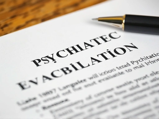 A detailed close-up of a legal document or report with blurred text, symbolizing the official nature of psychiatric evaluations, with a pen nearby on a desk.