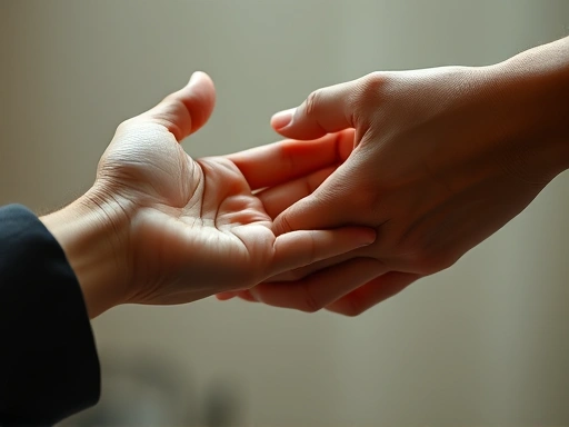A close-up image of two hands, one reaching out to offer comfort and the other accepting, symbolizing psychological support and the journey of healing after trauma, with a soft, empathetic lighting.