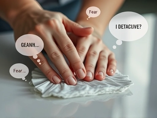 A close-up, symbolic image of hands meticulously cleaning a surface, with faint, almost transparent psychological thought bubbles or overlays representing mixed emotions like fear, grief, and detachment, highlighting the intricate inner world behind the act.