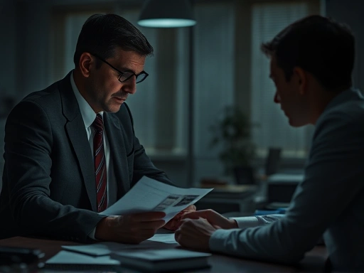 A focused shot of a detective and a forensic psychologist in a dimly lit office, analyzing crime scene photos and behavioral patterns for an unsolved cold case, emphasizing deep thought and analytical work.