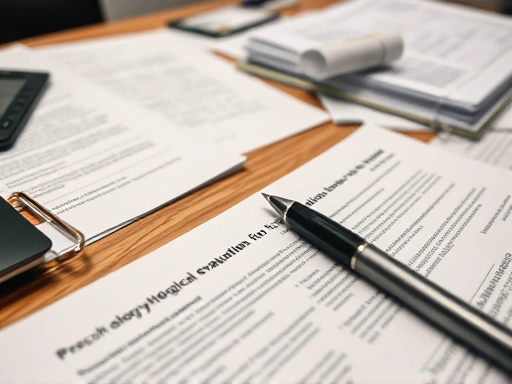 Close-up of a forensic psychologist's desk with various psychological assessment tools, documents, and a pen, emphasizing the detailed and scientific nature of psychological evaluations in a serious, professional setting.