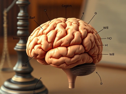 A detailed illustration of a brain with various abstract psychological concepts like cognition, emotion, and will interacting, set against a blurred legal background. Emphasize the complexity and interconnectedness of mental functions.