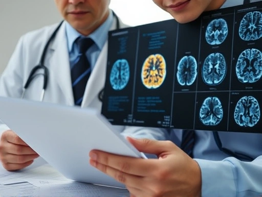 Close-up of a psychiatrist and a psychologist reviewing documents and brain scans, symbolizing the interdisciplinary assessment of mental states for legal purposes. Focus on professional collaboration and meticulous analysis.