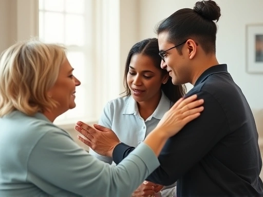 A compassionate support system helping a person in a safe, nurturing environment, with subtle psychological elements like empathy and empowerment, focus on healing and recovery, soft lighting, professional setting.