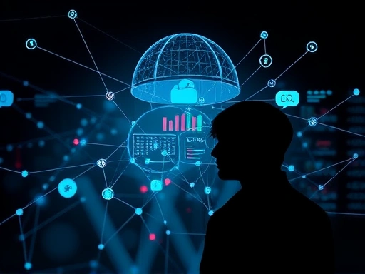 A conceptual image showing a complex network of data points connecting to human silhouettes, with subtle psychological indicators like thought bubbles or emotional symbols, all under a protective dome, illustrating crime prevention. Focus on data analysis and human behavior, in an early warning system context.