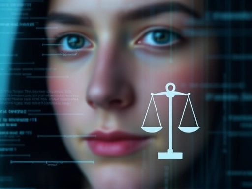 Close-up of a blurred human face with overlaid digital data lines, suggesting surveillance or analysis, with a subtle question mark or a scale balancing privacy and security, reflecting ethical considerations in psychological early warning systems.
