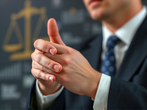 A close-up of a lawyer's hand gesturing during a speech, highlighting the subtle psychological principles like confidence and authority in a legal setting, with abstract legal graphics in the background.
