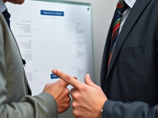 Close-up view of a detective and a psychologist discussing a case, pointing at a mind map with keywords like 