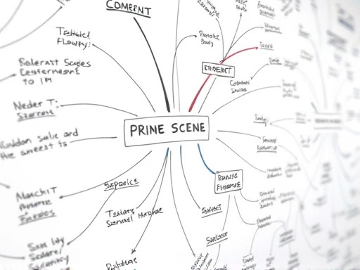 A close-up of a detailed mind map or flowchart on a whiteboard, depicting connections between crime scene evidence and psychological profiling elements, with abstract lines and symbols, showcasing the complex process of understanding perpetrator psychology.