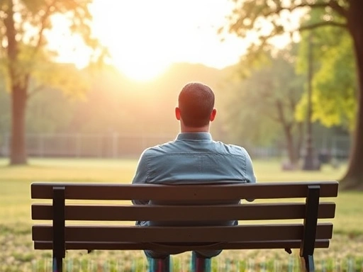 A man sitting thoughtfully on a park bench, looking towards a bright, hopeful horizon, symbolizing psychological preparation for social reintegration after prison release, with a sense of peace and new beginnings.