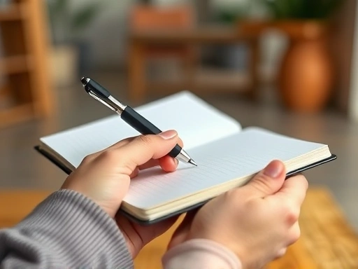 A close-up shot of hands holding a journal and a pen, with a blurred background of a calm indoor setting, representing self-reflection and personal growth in psychological preparation.