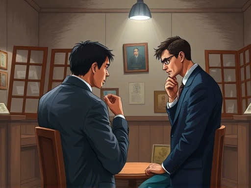 A detailed illustration of an interrogation room with a serious detective and a thoughtful suspect, focusing on subtle psychological interaction and communication dynamics, featuring legal psychology and criminal justice elements.