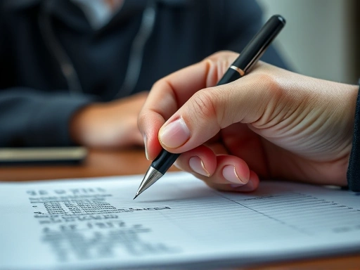 Close-up on a detective's hand holding a pen over a notepad, with a blurred image of a suspect in the background, illustrating the detailed process of note-taking during a psychological interrogation, with focus on truth and legal procedure.