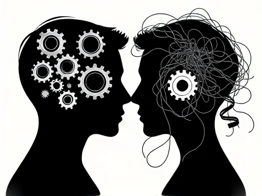 A close-up, abstract representation of two human silhouettes, one depicted with cold, calculating gears (psychopath) and the other with tangled, erratic wires (sociopath), illustrating their distinct internal mechanisms and behavioral patterns related to empathy and impulse control.