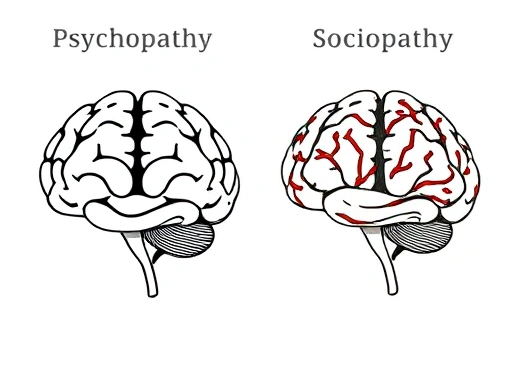 A side-by-side comparison of a stylized brain representing psychopathy with minimal emotional connections, and another brain representing sociopathy with visible but distorted emotional pathways. Focus on distinct visual elements for the two conditions, highlighting their core differences in emotional processing and origins.