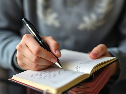 A close-up image of a person's hands holding a journal and a pen, with blurred therapy-related illustrations or diagrams in the background, symbolizing the process of self-reflection and healing in PTSD treatment.