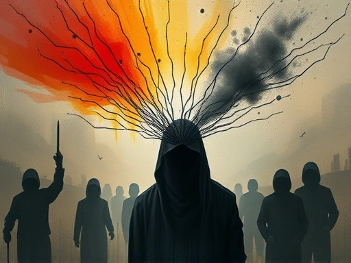 A nuanced depiction of an individual's journey towards radicalization, with abstract elements representing external influences and internal psychological shifts, capturing the complex process.