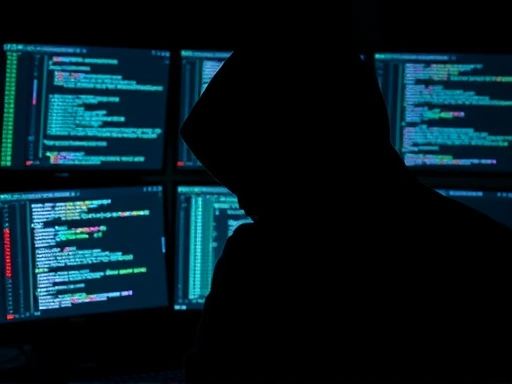 A detailed, high-resolution image portraying a cyber attacker's shadowy figure in front of multiple computer screens displaying code, focusing on the psychological aspect of a hacker, with a sense of anonymity and digital prowess, incorporating ransomware motifs.