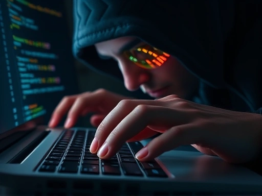 A close-up, dramatic image of a person's hands typing rapidly on a keyboard, with glowing lines of code reflecting on their face, symbolizing intense focus and the technical skill of a ransomware attacker, showing digital interfaces and abstract cyber elements.