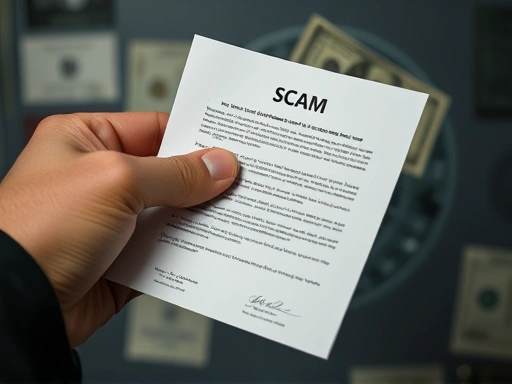 Close-up of a hand offering a fake document or money, with a subtle background suggesting a psychological trap, highlighting details of a scam.