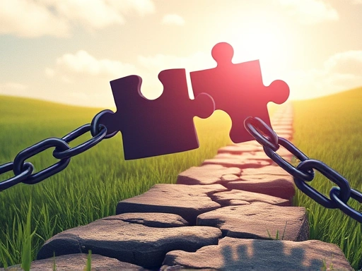 A close-up, hopeful illustration symbolizing rehabilitation and breaking negative cycles, with a path leading towards a bright, distant light. Show broken chains or a puzzle piece fitting perfectly, representing recovery and prevention.