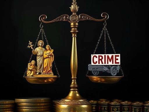 A balanced conceptual image showing scales of justice with elements of religious symbols on one side and societal issues like crime on the other, depicting the complex interplay. Focus on abstract representation, not specific religions.