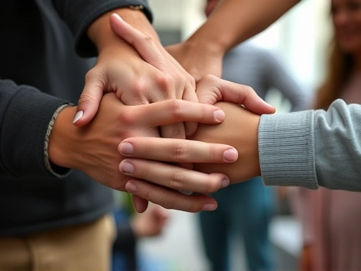 Close-up of hands joining or supporting each other, symbolizing community and moral guidance, contrasted with blurred background elements suggesting societal challenges or conflict, illustrating both positive and negative aspects.