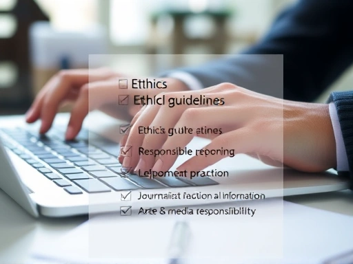 Close-up of a journalist's hands typing on a keyboard, with an overlaid translucent graphic representing ethical guidelines or a checklist, symbolizing responsible reporting practices and the careful consideration of information, using keywords such as 